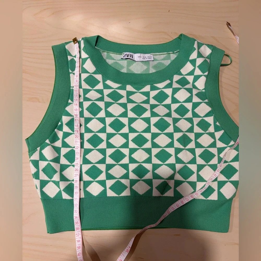Zara Green Geometric Knit Crop Top Sleeveless Sweater Vest Retro Y2K Size S - Picture 8 of 9